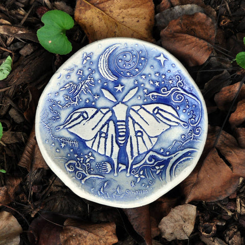 Handmade Pottery, Blue Luna Moth, spoon rest, soap dish, USA