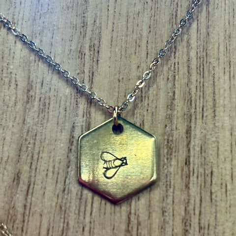 Brass Stamped Bee Hexagon Necklace