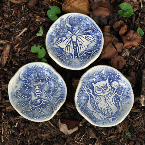 Handmade Pottery, Blue Luna Moth, spoon rest, soap dish, USA