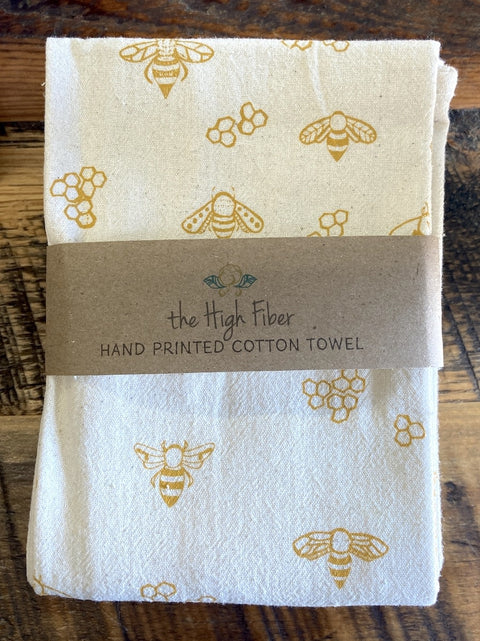 The High Fiber Hand Printed Cotton Towel, Gold Bees